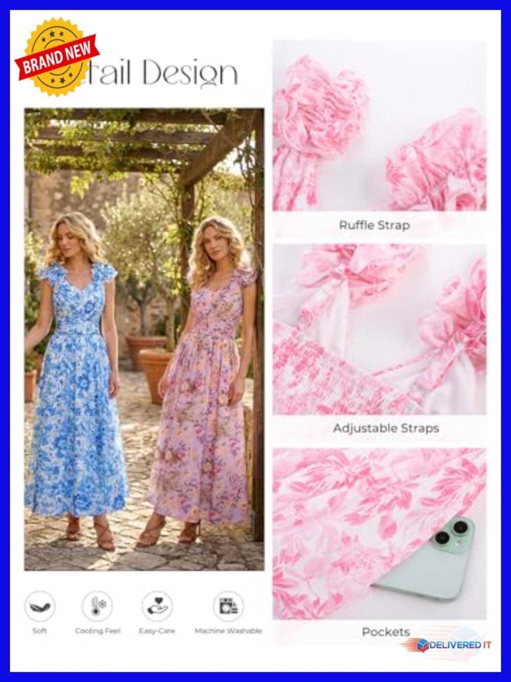Women's Sleeveless Floral A-Line Wedding Guest Dress with Ruffled Shoulders - Picture 4 of 6
